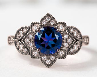 925 Sterling Silver Blue Sapphire Moissanite Ring, Black Rhodium Vintage Floral Ring, Art Deco Engagement Promise Statement Ring