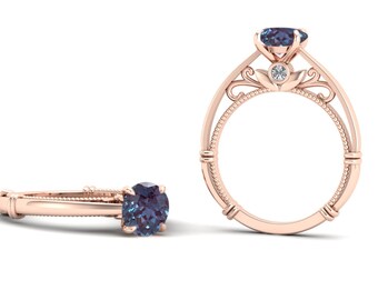 Art Deco Alexandrite Ring, Rose Gold Vermeil (7mm Round Stone)