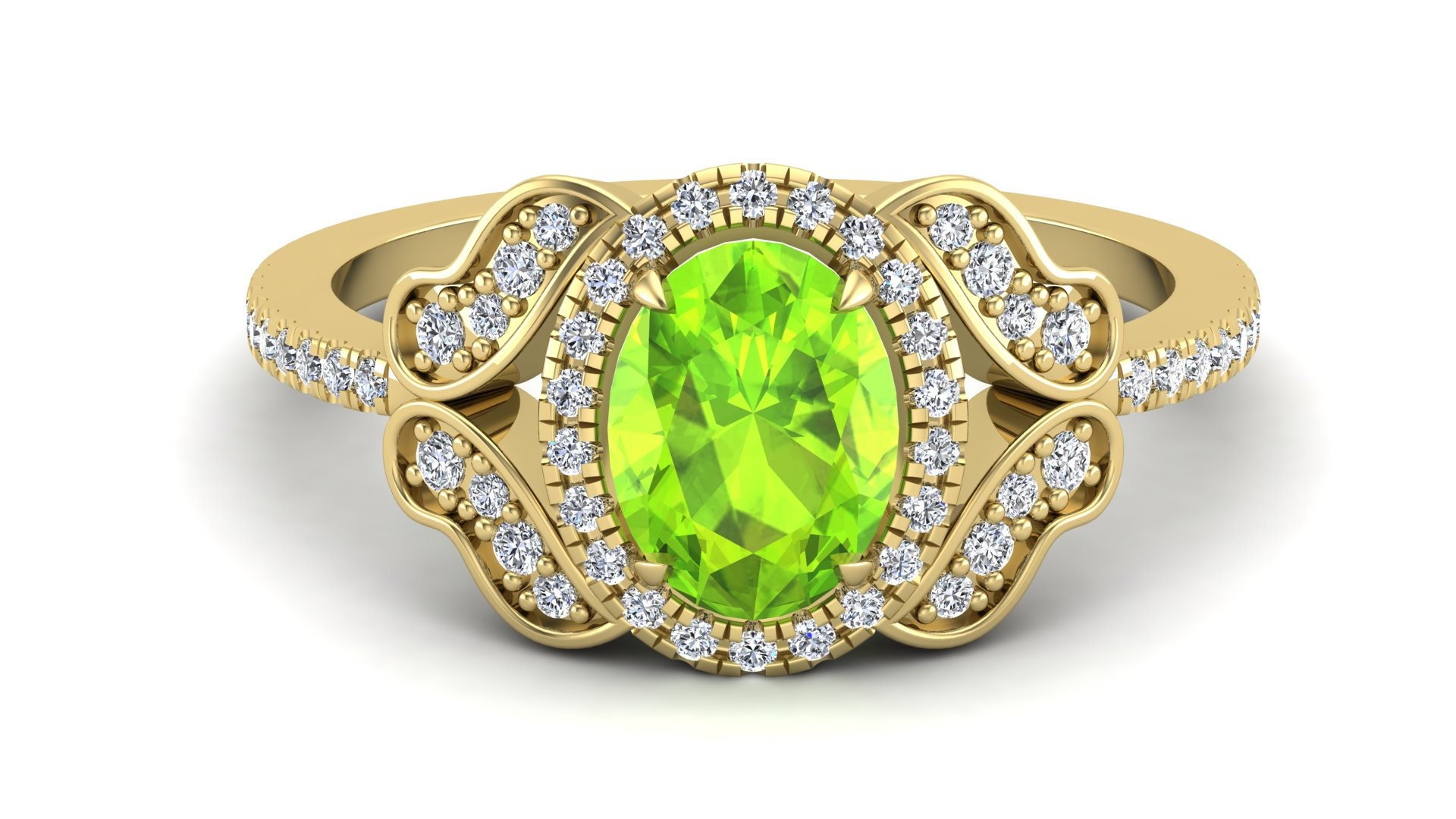 1.35 ct Solitaire Ring Vintage Art Deco Ring Peridot Engagement Bridal Ring Cathedral Shank Ring Green Stone Ring Flower Ring.