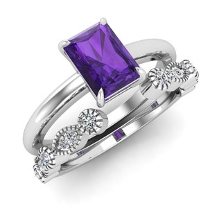 1.00ct, AAA Natural Amethyst Gemstone Engagement Ring set, Antique Purple Stone Ring Set For Her, Bridal Moissanite Ring Set For Birthday