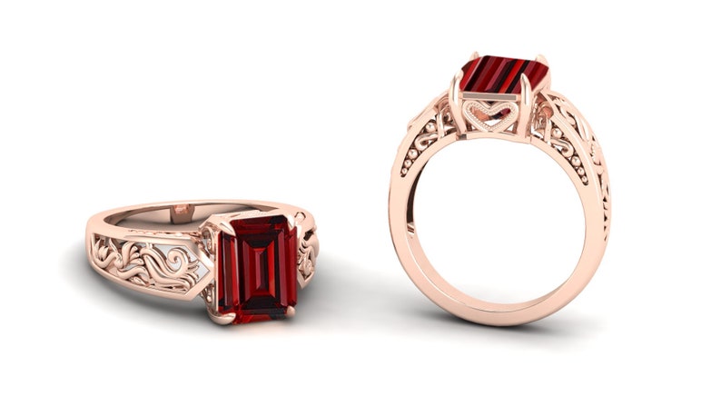 3.40cts AAA Natural Red Garnet Wedding Bridal Ring For Her,Antique Ring,Vintage Art deco Octagon Red Stone Ring*Gift For Love* Filigree Ring