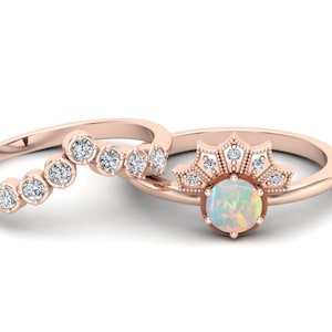 Set di fedi nuziali in opale naturale per donna, set di fedi in stile Art Déco, set di fedi nuziali in moissanite, set di fedi soleil placcate in oro rosa 14 carati, regalo per lei
