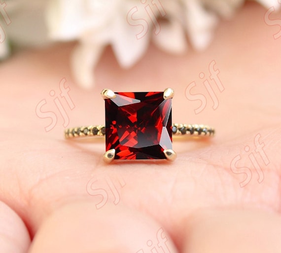 Garnet and Diamond Ring with Three Stone Styling and Engraving in 14k white  gold (GR-8044)
