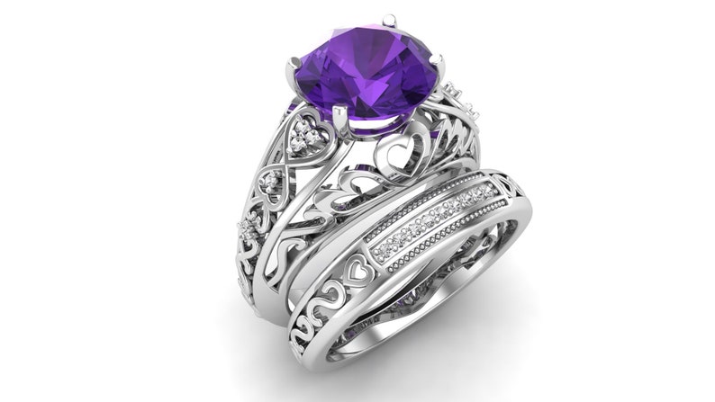 Bridal Moissanite Ring Set 2.88ct AAA African Amethyst Gemstone and Pave Set Engagement Ring Set Purple Stone Ring Christmas Gift For Her