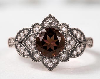 925 Sterling Silver Smoky Quartz Moissanite Ring, Black Rhodium Vintage Floral Ring, Art Deco Engagement Promise Statement Ring