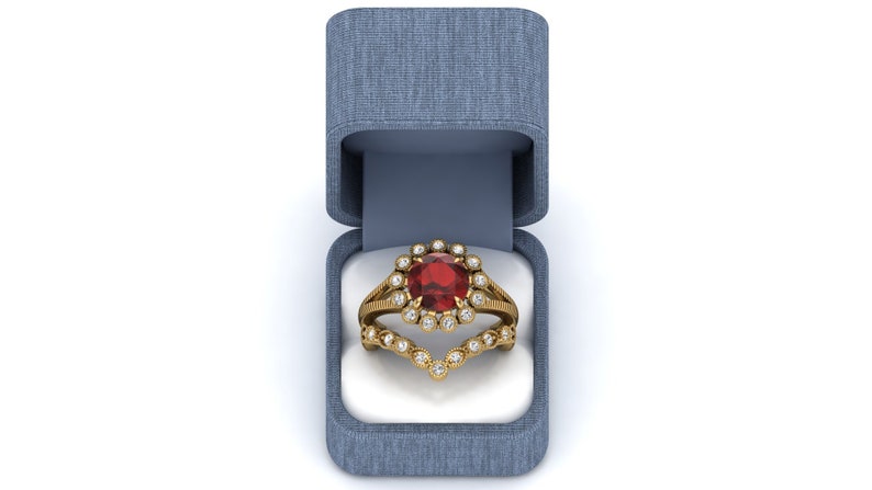 2.40ct AAA Natural Red Garnet /& Moissanite in 14K Yellow Gold Plated Engagement Ring Vintage Art Deco Antique Flower Ring for Women Gift