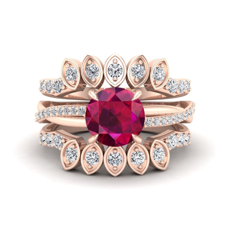 Vintage Art deco Bridal Moissanite Ring Set Gift for Women 2.25cts Lab Ruby Gemstone Engagement Ring Set Unique 3pcs Ring Set For Her