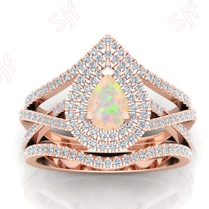Antique 2PCS Opal Wedding Ring Set, Pear Shaped natural Opal Engagement Ring Set For Her, Double Halo Ring, October Birthstone Ring For Gift