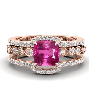 1.87ct, Pink Sapphire Gemstone Engagement Ring set, Art deco Moissanite Ring Set, Sapphire Stone 3pcs Ring Set, Birthday Bridal Ring Set.
