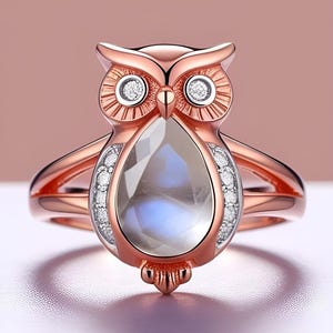 Pear Fire Moonstone Ring 925 Silver 14K Rose Gold Owl Ring Engagement Ring Wedding Ring Promise Ring Anniversary Gift Birthday Gift For Her