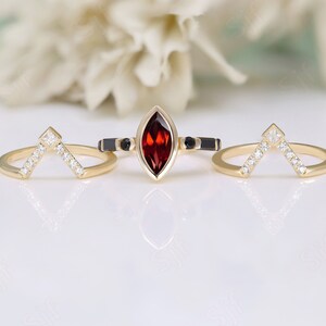 Marquise Red Garnet Gemstone Wedding Ring Set For Bride Art deco Red Garnet Ring Set Wedding Ring Set 14K Gold Garnet Rings 925 Silver Rings image 2