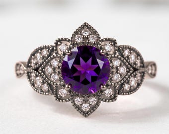 925 Sterling Silver Amethyst Moissanite Ring, Black Rhodium Vintage Floral Ring, Art Deco Engagement Promise Statement Ring