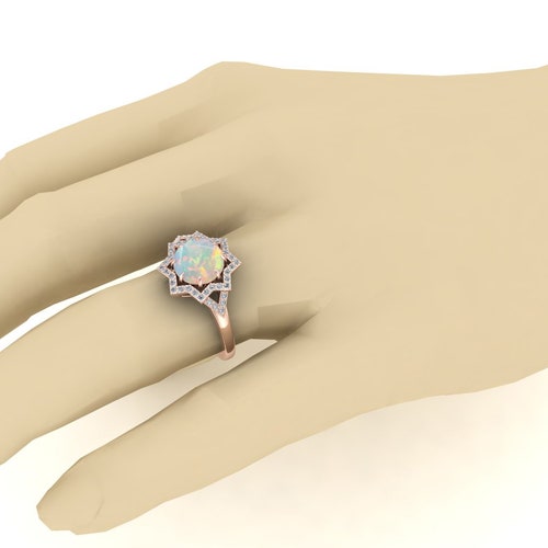1.30ct, Natural AAA Opal Gemstone Wedding Ring, Vintage art deco Moissanite Ring, Bridal Ring, Halo shops Ring, Solitaire Ring, Gift For Birthday