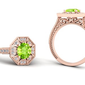 1.25cts AAA Natural Peridot Engagement Bridal Gold Ring For Women, Antique Vintage Art deco Round Green Stone Ring, Gold Ring For Birthday