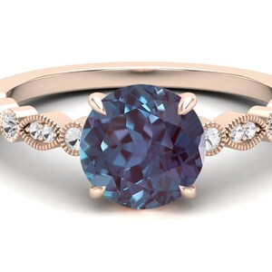 2.35ct AAA Lab Created Alexandrite & Moissanite Round Shape in 14k Rose Gold Plated Engagement Ring, Vintage Art Deco Bridal Solitaire Ring image 6