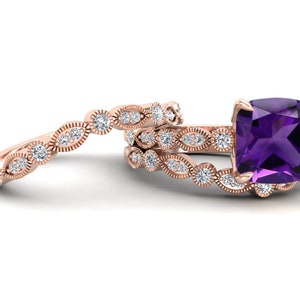 AAA Natural Amethyst Gemstone Engagement Ring Set, Bridal Moissanite Ring Set, Vintage Art deco Purple Stone Ring Set, 3pcs Ring Set For Her