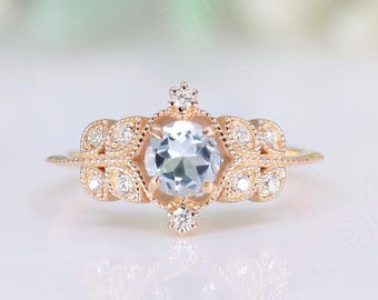 Natural Sky Blue Topaz Gemstone Engagement Ring 14K Rose Gold 925 Silver Dainty Ring Promise Ring Statement Ring Birthday Gift