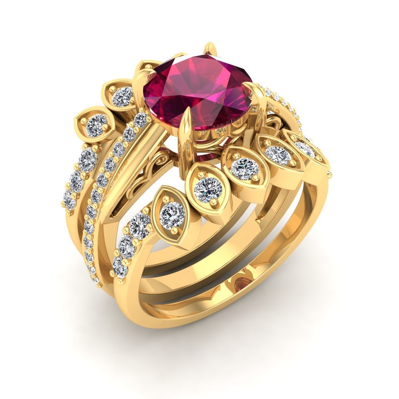 Vintage Art deco Bridal Moissanite Ring Set Gift for Women 2.25cts Lab Ruby Gemstone Engagement Ring Set Unique 3pcs Ring Set For Her