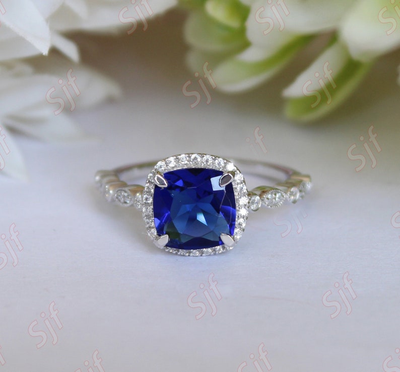 2.32 ct Lab Created AAA Blue Sapphire Bridal Ring Moissanite in Rhodium Plated Wedding Ring Unique Micro Set Art deco Ring for Anniversary image 1