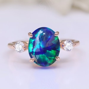 Oval Peacock Opal Gemstone Engagement Ring Vintage Art deco Bridal Moissanite Ring 14K Rose Gold 925 Silver Ring Promise Ring For Love