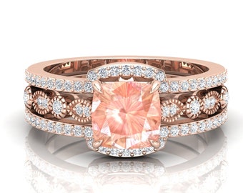 Antique 3PCS Wedding ring set, Cushion Shaped Peach Morganite Engagement Ring Set For Her, Bridal Set, Vintage Art deco Ring, Mother's Gift