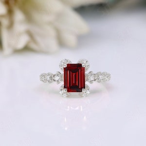 Natural Red Garnet Gemstone Engagement Ring, Art deco Bridal Moissanite Ring, Octagon Ring, Red Stone Ring, Gift For Valentine Day image 2