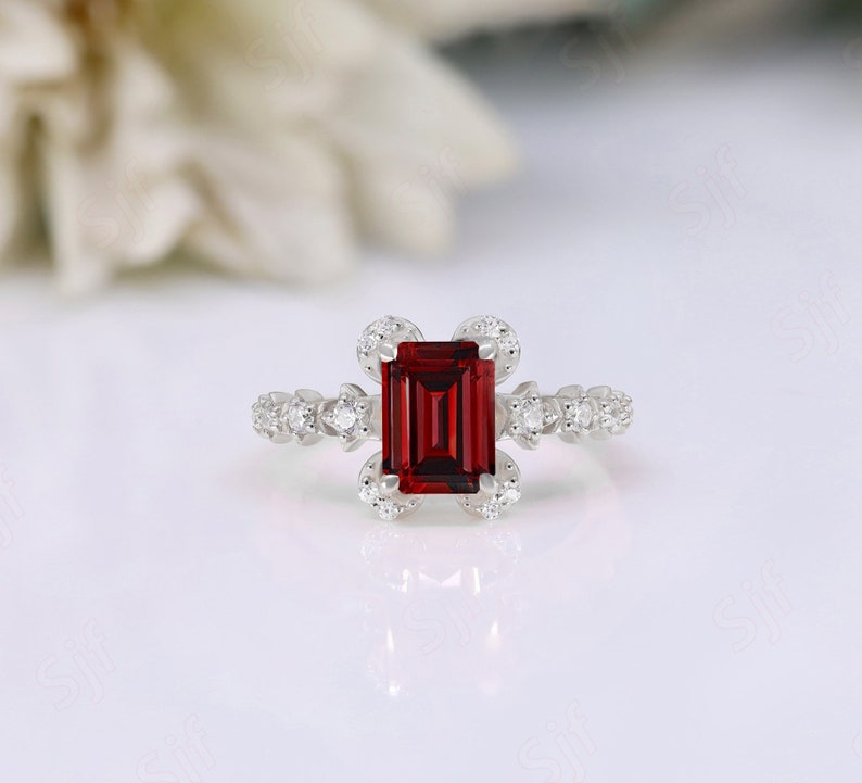 Natural Red Garnet Gemstone Engagement Ring, Art deco Bridal Moissanite Ring, Octagon Ring, Red Stone Ring, Gift For Valentine Day image 2