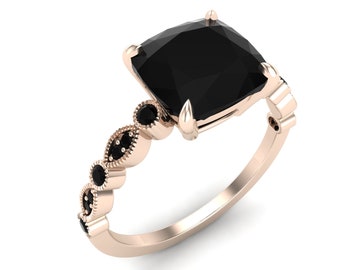 2.86 ct Natural Black Onyx & Black Spinal in 14k Rose Gold Plated Engagement Ring, Vintage Art Deco Flower Solitaire Ring Women Gift