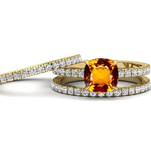 3pcs Ring Set, Cushion 7x7mm Citrine Engagement Ring Set, Art deco Moissanite Ring Set, Beautiful Ring With Matching Bands, Women&#39;s Ring Set