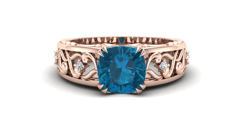 Vintage Art deco Filigree Ring Bridal Moissanite Ring Natural London Blue Topaz Gemstone Wedding Ring Cushion Ring Gift For Anniversary