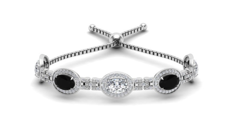 Oval Bracelet Halo Bracelet. Oval 7x5 Black Onyx /& White Topaz Women Slider Bracelet In Silver With Slide Lock Handmade Bracelet For Her