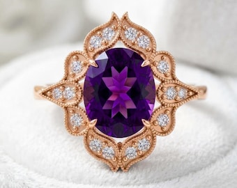 925 Sterling Silver Amethyst Ring Rose Gold Plated Moissanite Ring Engagement Wedding Ring Statement Ring Gift for Her Anniversary