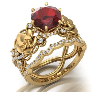 Red Garnet Ring Set, Round Shaped Natural red Garnet Wedding Ring Set For Her, Antique Floral Flower Ring For Women&#39;s Gift, Birthstone Ring