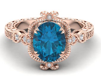 London Blue Topaz Engagement Ring - Vintage Style, Rose Gold Plated