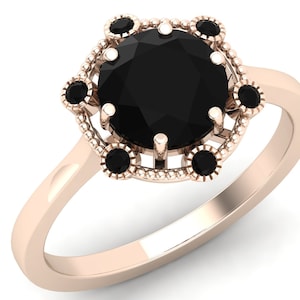 2.40ct Natural Black Onyx Round Shape in 14K Rose Gold Plated Engagement Ring, Vintage Art Deco Bridal Solitaire Ring Women Birthday Gift