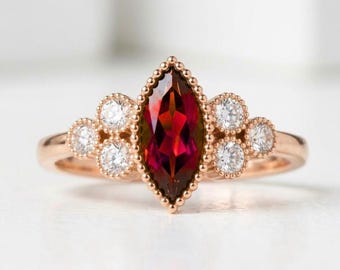 Red Garnet Moissanite Ring, 925 Sterling Silver Rose Gold Ring, Engagement Wedding Statement Ring, Promise Ring Bride's Maid Ring