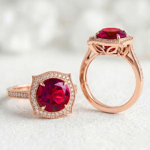 Robijnrode ring in roségoud, rond geslepen halo-verlovingsring, vintage art deco, cadeau voor de liefde