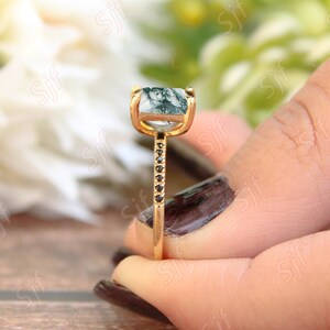 1,95 ct, natuurlijke AAA Moss Agate edelsteen trouwring, vierkante vorm Agaat stenen ring, vintage Art deco Spinal Ring 14K gouden verlovingsring afbeelding 5