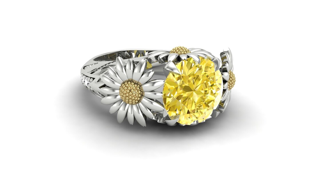 Lab Yellow Sapphire Sunflower Ring, Sterling Silver Engagement