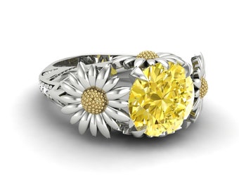 1.8ct lab yellow sapphire * Yellow stone ring * engagement ring * sunflower ring *2 tone ring* ring for her* gift for wife * valentine ring*