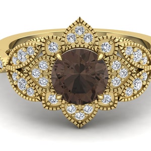 1.25ct AAA Natural Smoky Quartz Engagement Ring, Vintage Art deco Bridal Women&#39;s Ring, Brown Stone Ring, Antique Floral Nature Inspired Ring