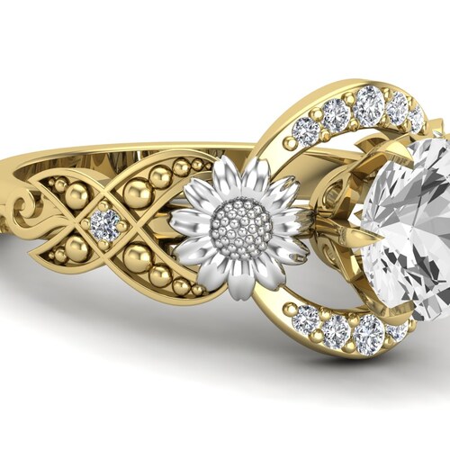 2.35ct, AAA Natural White Topaz Gemstone Engagement Ring, Bridal Moissanite Ring, Art deco Sunflower Ring, Two shops Tone Ring, Gift For Love, Her