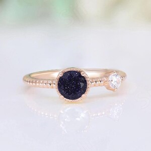 Natural Blue Sandstone Gemstone 14K rose gold plated 925 silver Engagement Ring Art deco Bridal Wedding Blue Sandstone Rings
