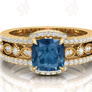 1.75Ct Natural London Blue Topaz Wedding Ring Set, 3Pcs Antique Engagement Ring Set, December Birthstone, Promise Ring, Anniversary Gift For