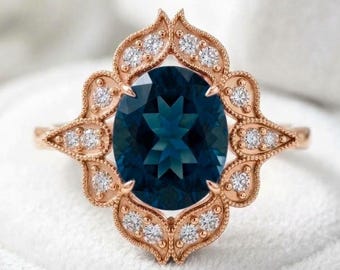925 Sterling Silver London Blue Topaz Ring Rose Gold Plated Moissanite Ring Engagement Wedding Ring Statement Ring Gift for Her Anniversary