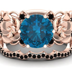 3.35ct AAA London Blue Topaz Wedding Bridal ring set, Beautiful Flower Nature inspired Ring set, 2PCS Bridal Ring, Art deco Birthstone Ring