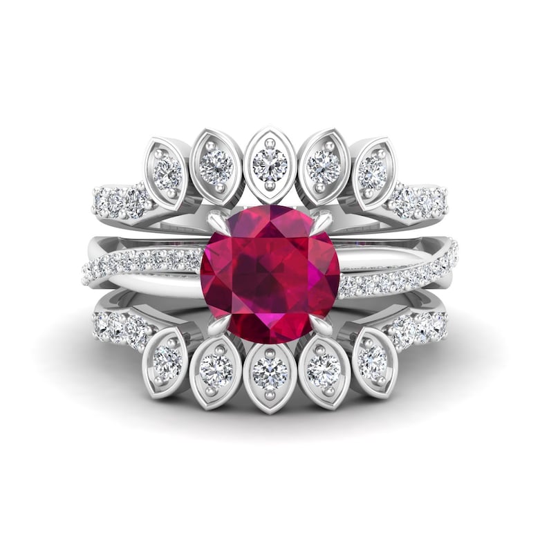 Vintage Art deco Bridal Moissanite Ring Set Gift for Women 2.25cts Lab Ruby Gemstone Engagement Ring Set Unique 3pcs Ring Set For Her