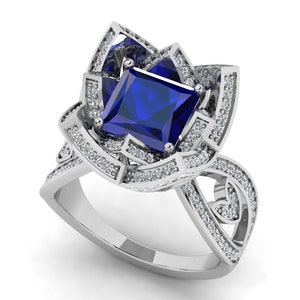 Princess Blue Sapphire Vintage Ring, Engagement Bridal Ring, Art Deco Ring, Solitaire Ring, Halo Ring, Blue Stone Rhodium Ring, Custom Ring.