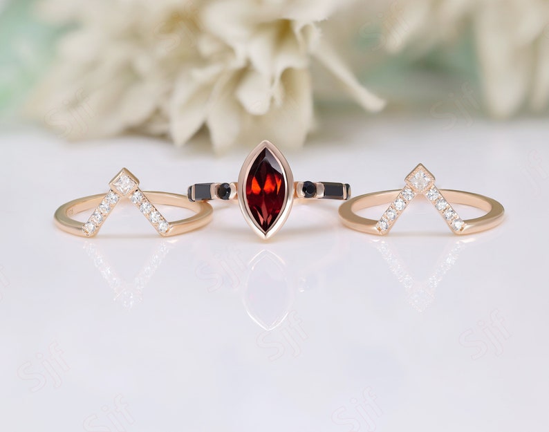 Marquise Red Garnet Gemstone Wedding Ring Set For Bride Art deco Red Garnet Ring Set Wedding Ring Set 14K Gold Garnet Rings 925 Silver Rings image 8