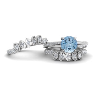2.40Cts Aquamarine Wedding Ring Set, Vintage Art deco Bridal Moissanite Ring Set For Her, 3PCS Birthstone Women&#39;s Ring, Gift For Christmas